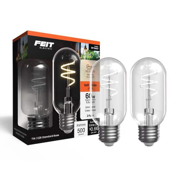 60W Equiv. T14 Dimmable Spiral White Filament Clear Glass E26 Vintage Edison Tubular LED Light Bulb, Soft White (2-Pack)