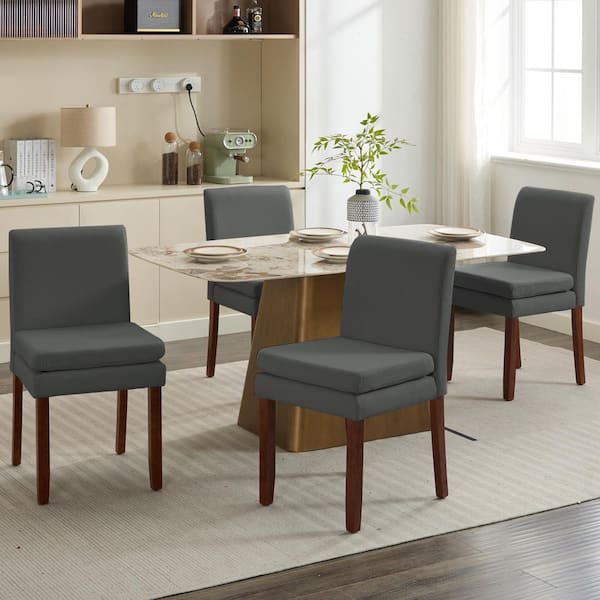 Modern Gray Linen Kitchen Dining Chair Set of 2 with Thick Padded Cushioned Seat and Wood Legs