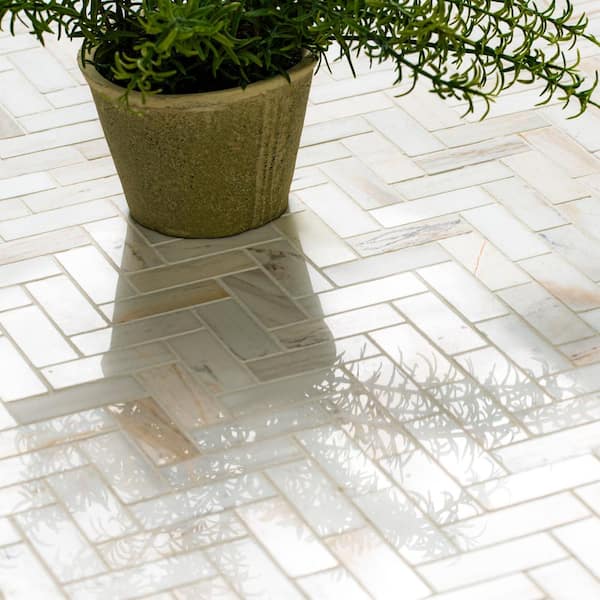 MSI - Angora Herringbone 12 in. x 14 in. x 0.38 in. Polished Marble Mesh-Mounted Mosaic Tile (1 sq.ft./Each)