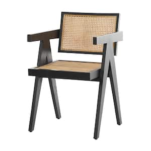 Dark Brown Handmade Teak Wood Accent Chair with Woven Cane Seat