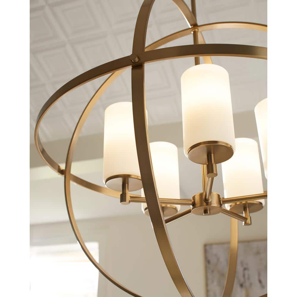 Elegant Satin Brass 5-Light Chandelier with White Glass Shades