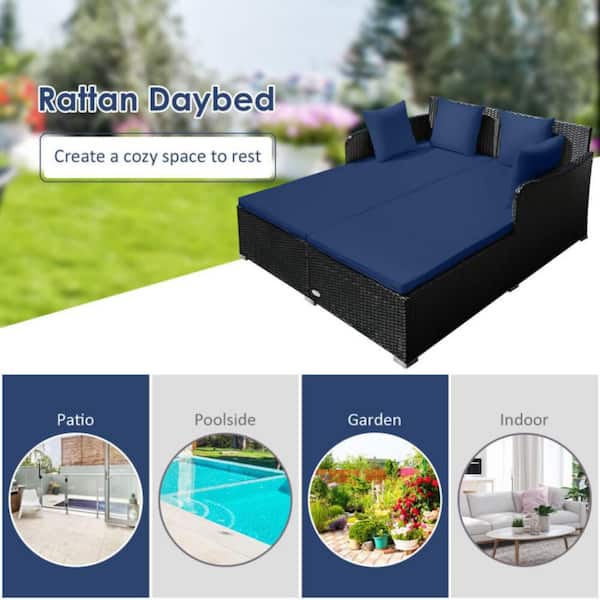 Wicker Rattan Spacious Outdoor Day Bed with Navy Upholstered Cushions and Pillows