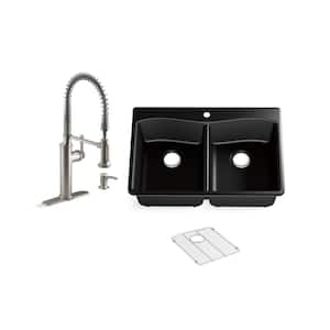 Kennon Drop-in/Undermount Neoroc Granite Composite 33 in. Double Bowl Kitchen Sink with Sous Faucet in Matte Black
