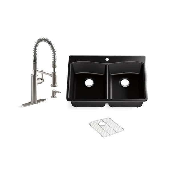 KOHLER Kennon Drop-In Neoroc Granite Composite 33 in. Double Bowl Kitchen Sink with Sous Faucet in Matte Black
