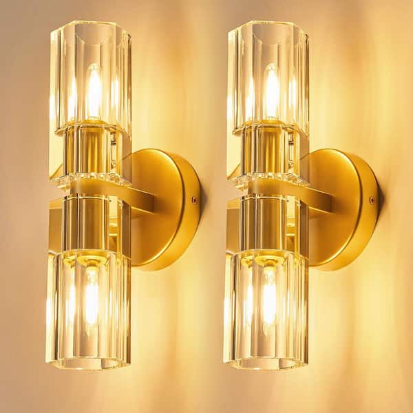Home Lighting 12.83 in. 2-Light Gold 2-Pack Modern with K9 Crystal Lampshade Wall Sconces for Bathroom Hallway Entryway