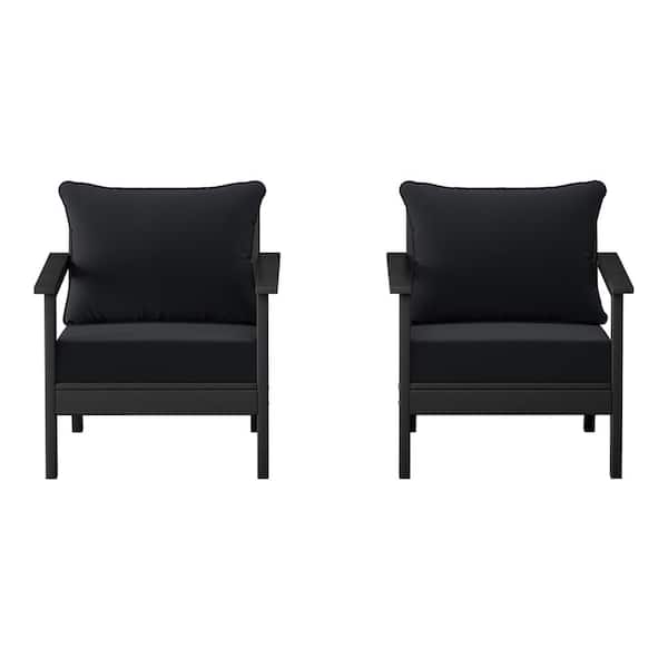 Birchwood Black Outdoor Patio (Set of 2) Deep Seating HDPE Lounge Chairs w/ Black Cushions