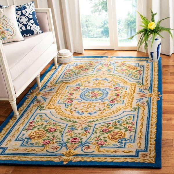Savonnerie Blue/Ivory 4 ft. x 6 ft. Floral Border Area Rug