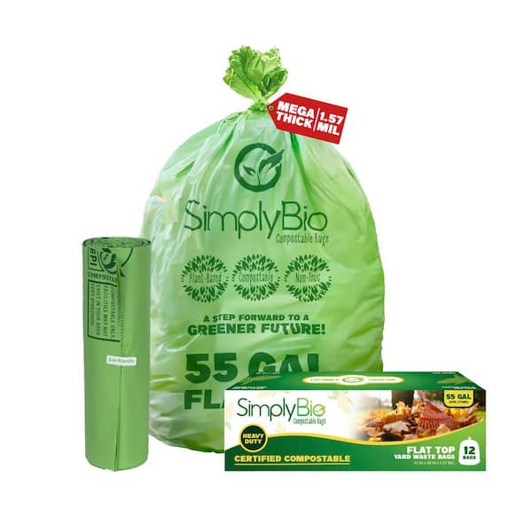 55 Gal. Compostable Trash Bags, Flat Top Heavy-Duty 1.57 MIL Large Lawn and Yard Waste Bag, Leaf Bag (12-Count)