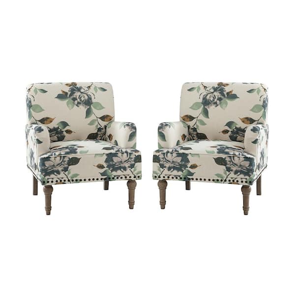 JAYDEN CREATION Latina Harbor Floral Patterns Armchair with Nailhead Trim and Turned Solid Wood Legs Set of 2