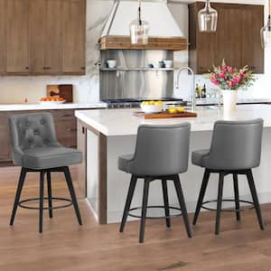 Roman 26.5 in. Dark Gray Faux Leather Solid Wood Leg Counter Height Swivel Bar Stool With Back（Set of 3）