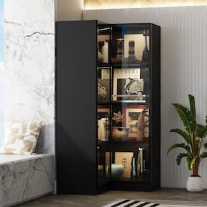 63 in. Tall Black Wood 4-Shelf Corner Bookcase Standard Bookcase with Glass Doors, Variable LED Lights