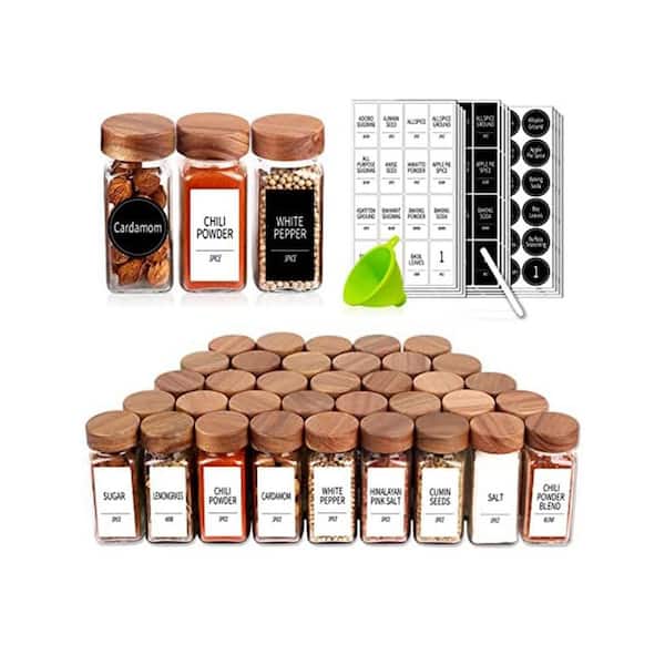 36 Glass Spice Jars Square Acacia Wood Lid Clear Labels Shaker Leakproof Seasoning Container Set for Kitchen Organizer