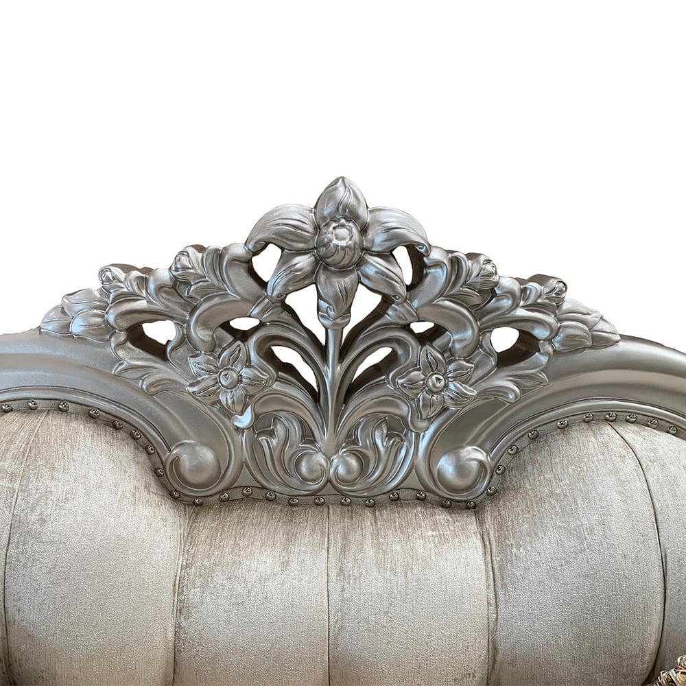 Champagne Beige Tufted Linen Rolled Arm Loveseat with Nailhead Trim