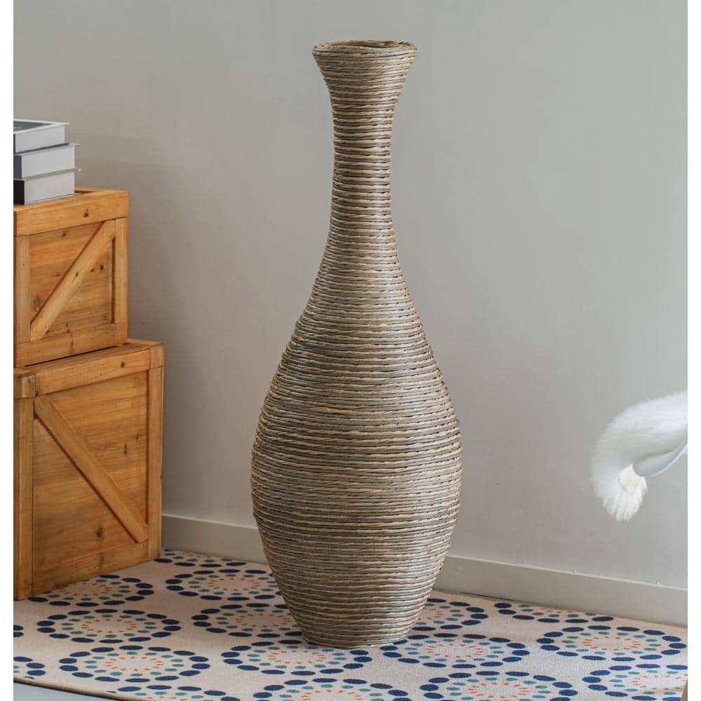 Beige Tall Artificial Rattan Floor Vase, 38 Inches