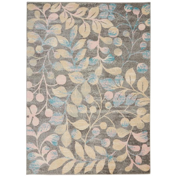 6 ft. x 9 ft. Gray And Blue Botanical Leaves Area Rug