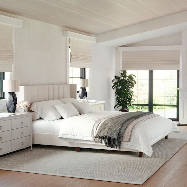 MARTHA STEWART Kay Beige Wood Frame King Platform Bed with Upholstered Solid Wood