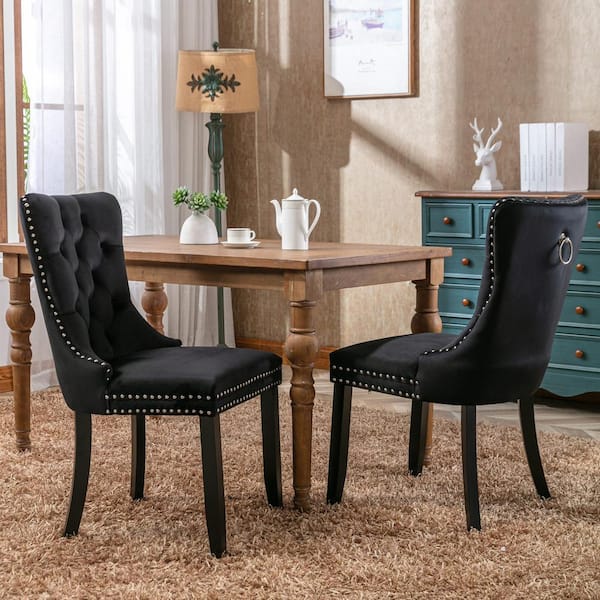 CSC DECOR INC Black Modern Velvet Upholstered Dining Chair Tufted Nailhead Trim Side Chair with Wood Legs Set of 2