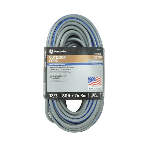 Southwire 80 ft. 12/3 SJTW Outdoor Heavy-Duty Extension Cord with Power Light Plug in Gray/Navy