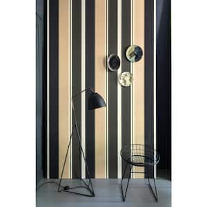 Bold Varied Stripe Wallpaper Black & Gold Paper Strippable Roll (Covers 57 sq. ft.)