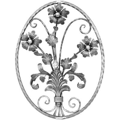 20-1/4 in. x 26-3/8 in. x 0.56 in. W Wrought Iron Square Oval Hammered Floral Design Rosette Panel with Scrolls