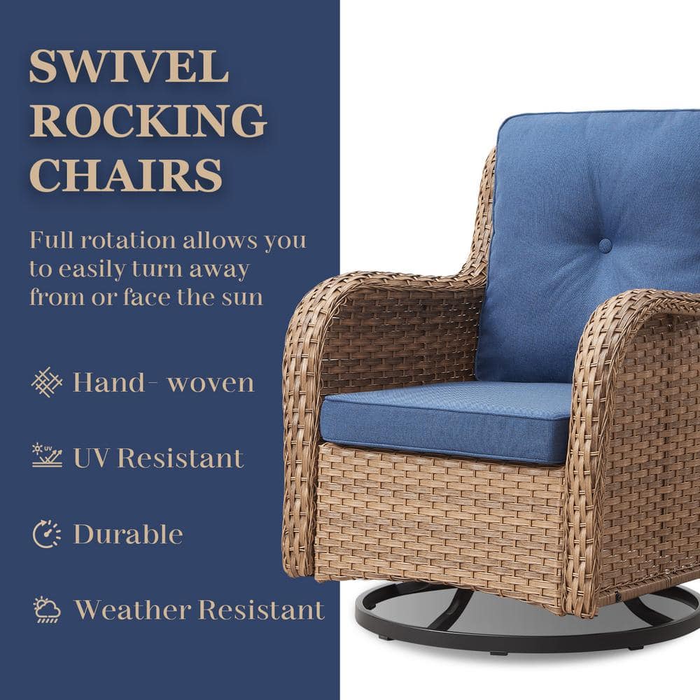 Yellow Wicker Outdoor Rocking Chair with Blue Cushions