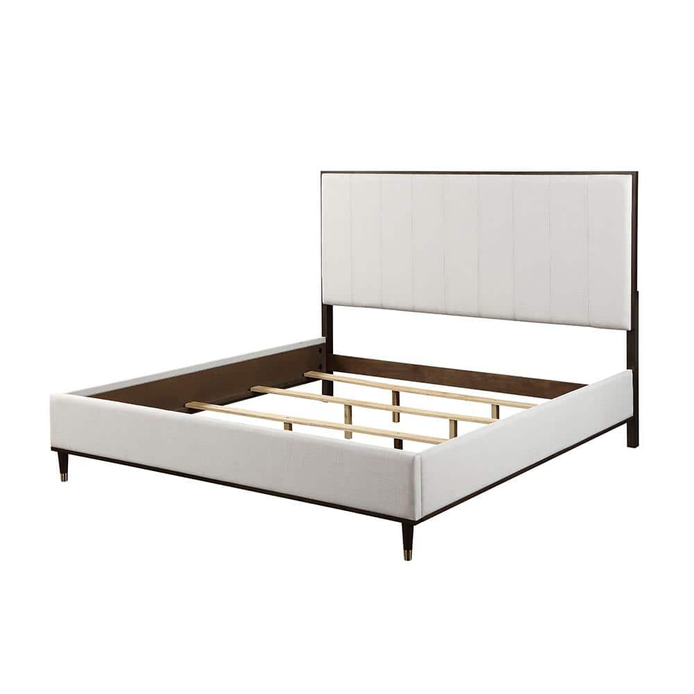 Light Gray and Brown Upholstered Queen Bed with Tufted Headboard and Storage Drawer