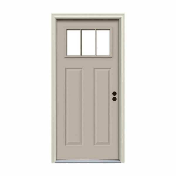 JELD-WEN 30 in. x 80 in. 3 Lite Craftsman Desert Sand Painted Steel Prehung Left-Hand Inswing Front Door w/Brickmould