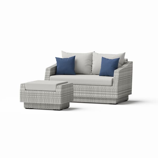 Cannes Wicker Outdoor Loveseat with Ottoman with Sunbrella Bliss Ink Cushions