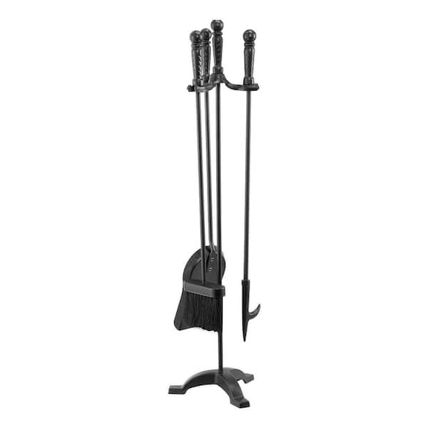 Fireplace Tool Set, 4 Pcs, Holder with 3-Prong Stand, Ash Shovel, Brush, Fire Poker, Wrought Iron Accessories, Black