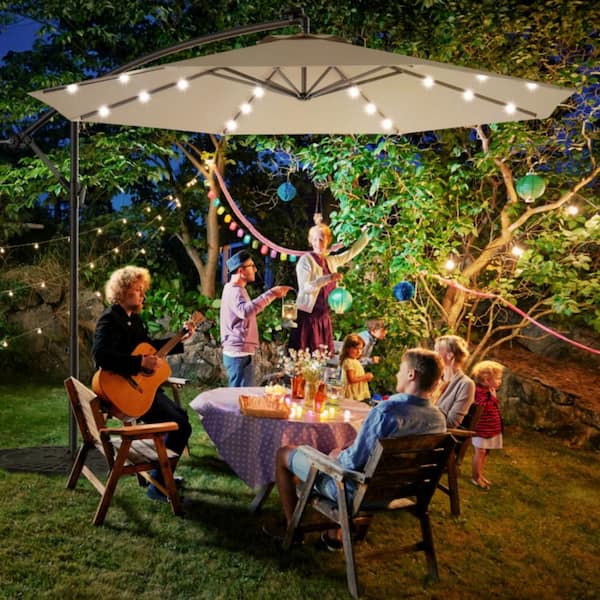 10 ft. Cantilever Patio Umbrella with Solar LED without Weighted Base in Beige