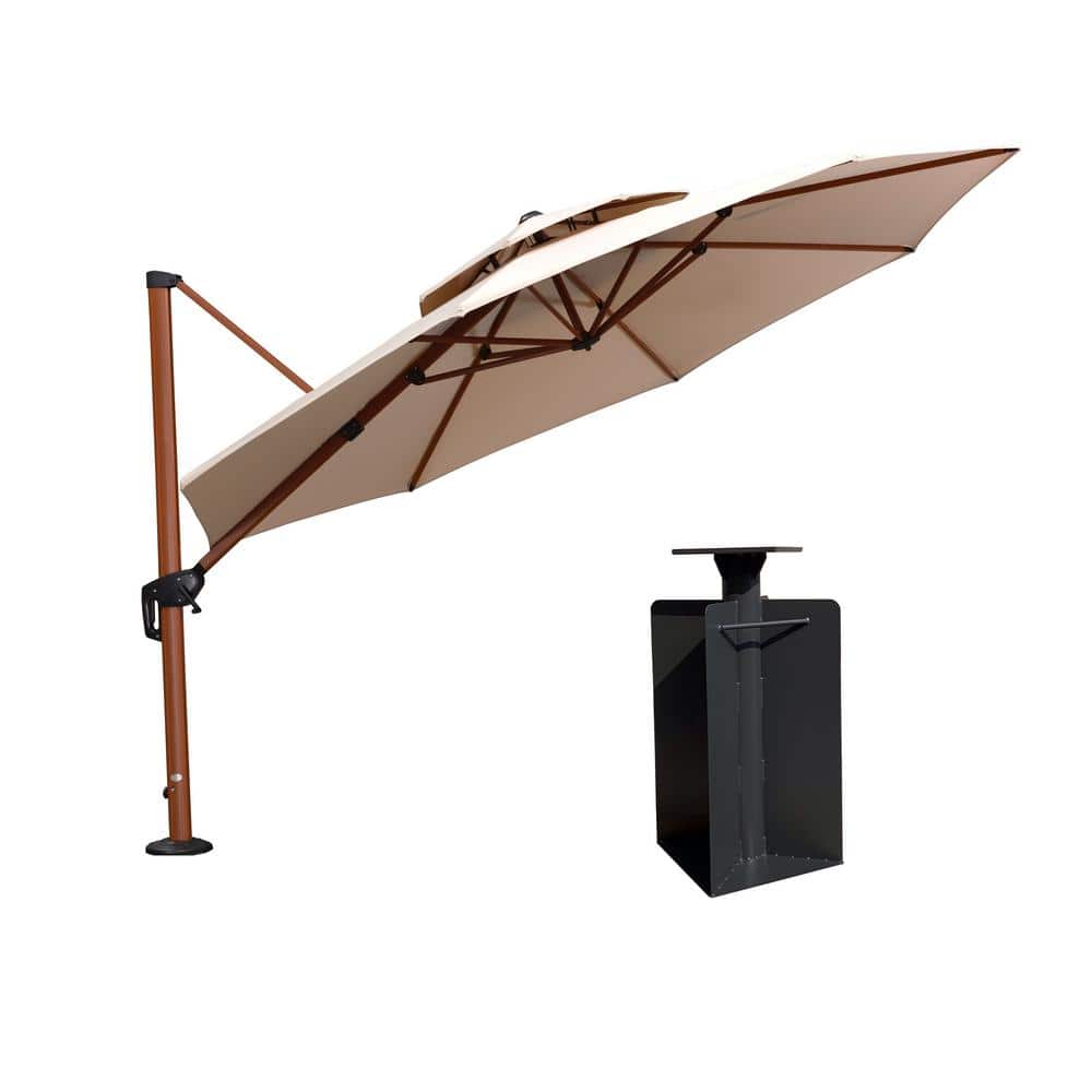12 ft. Octagon High-Quality Wood Pattern Aluminum Cantilever Polyester Patio Umbrella with Base in Ground, Beige