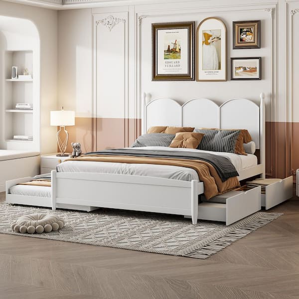 Miles Rustic White Wood Frame Queen Size Platform Bed with Twin XL Trundle, Storage Drawers, Curved Headboard