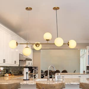 6-Light Sputnik Modern Kitchen Island Pendant Light Fixture Branch Linear Chandelier for Dining Room, Gold and White