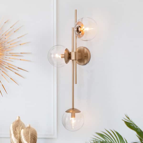 30 in. 3-Light Painted Gold Modern Bathroom Vanity Light Decorative Linear Foyer Wall Sconce with Clear Glass Globes