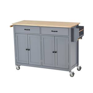 54.3 in. W Blue Kitchen Island Rolling Cart with Solid Wood Top and Locking Wheel with 4-Door Cabinet and 2-Drawers