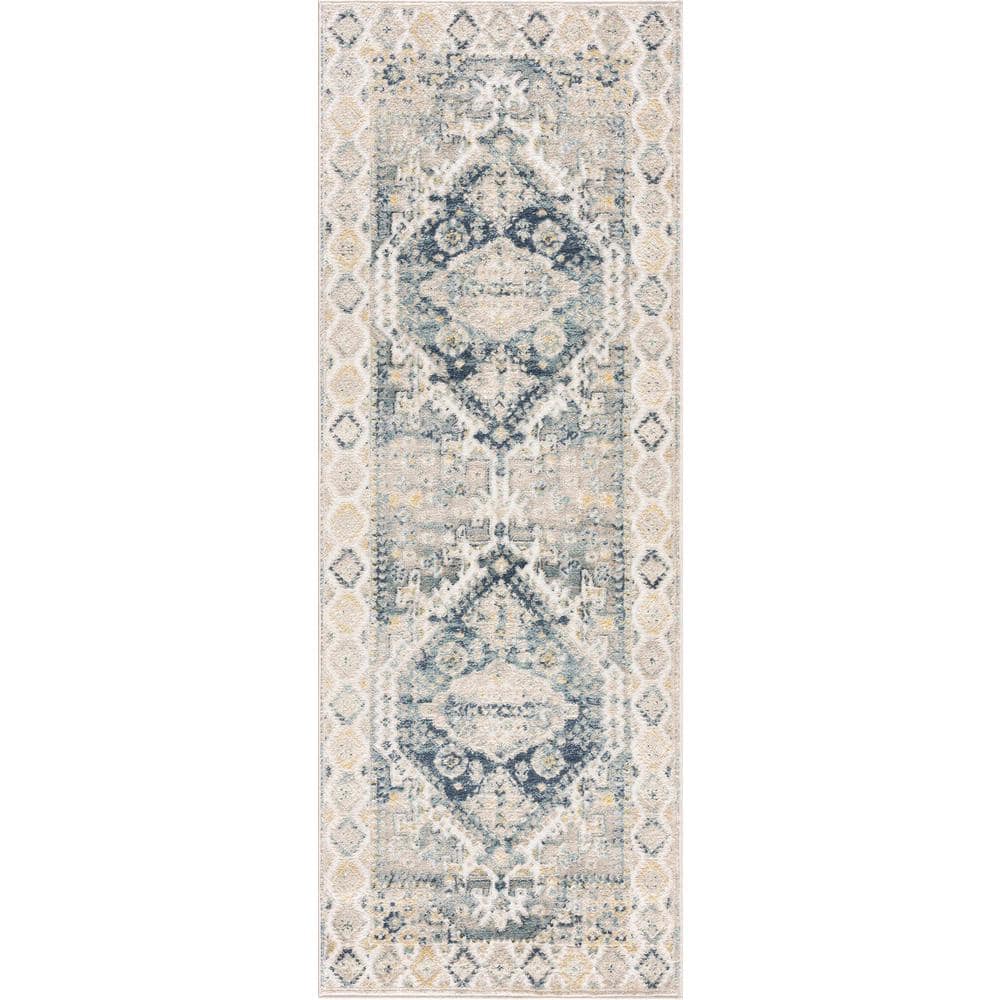 Brend Blue and Beige Medallion Polypropylene Area Rug