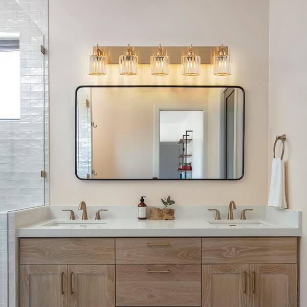 Orillia 35.4 in. 5-Light Gold Bathroom Vanity Light with Crystal Shade Wall Sconce Over Mirror