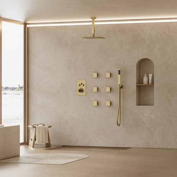 Triple Handles 7-Spray Patterns Shower Faucet 12 in. Shower Head with 6-Jets in Brushed Gold (Valve Included)