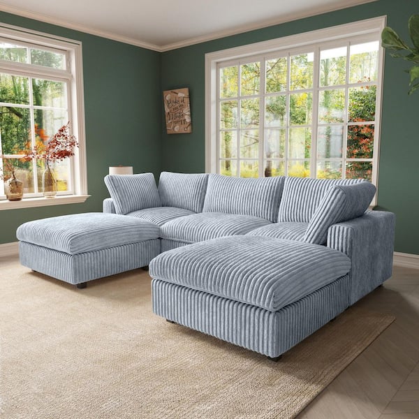 J&E Home 157. 4 in. Square Arm 7-piece Rabbit Velvet Plush U-Shaped Free Combination Sofa with Removable Ottoman, Cover in Gray