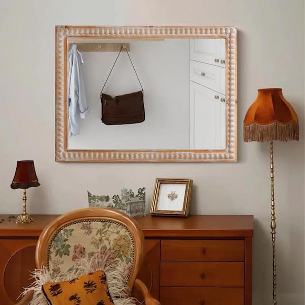 Brown 22 in. W x 30 in. H Farmhouse Rectangle Wood Framed Wall Mirror, Decorative Bathroom Vanity Mirror with Beading