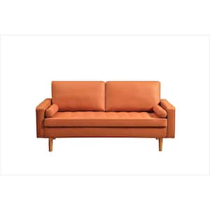 Rumaisa 69.68 in. Square Arm 3-Seater Faux Leather Mid-Century Modern Straight Sofa in Red Orange