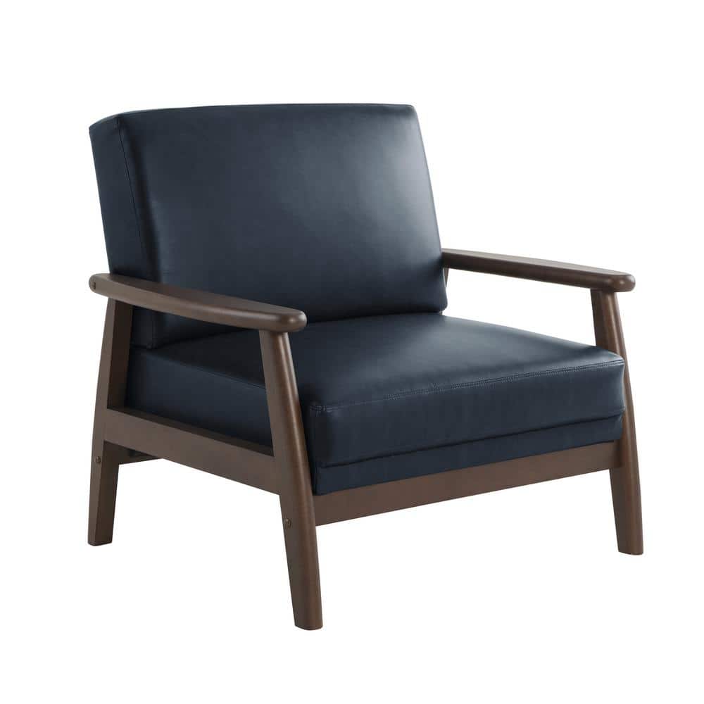 Navy Blue Faux Leather Barrel Accent Chair with Wood Frame