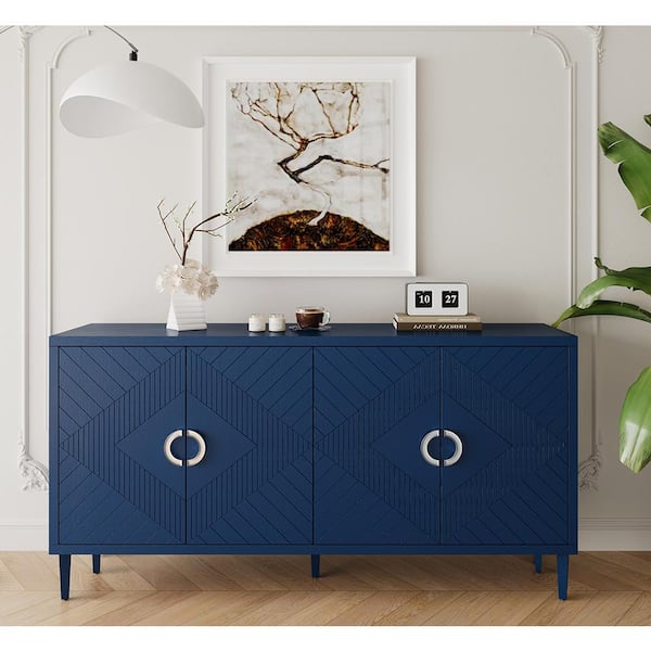 Tahanbath Stylish and Functional 4-Door Storage Cabinet with Pine Legs and MDF, for Living Room Bedroom, and Kitchen, Navy Blue