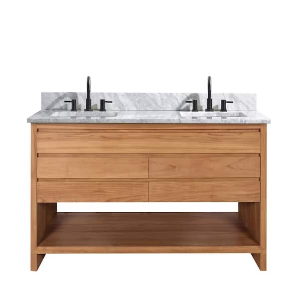 Kai 49 in. Double Sink Natural Teak Bath Vanity with Carrara White Marble Top