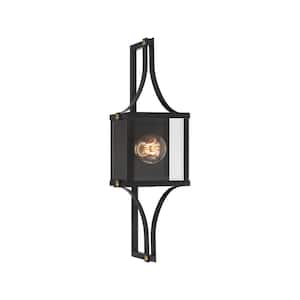 Raeburn 23 in. Matte Black and Weathered Brushed Brass Outdoor Hardwired Wall Lantern Sconce with No Bulbs Included