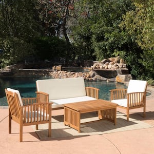 4 Piece Acacia Wood Outdoor Patio Sofa Sectional Chat Set with Solid Wood Coffee Table and White Cushions