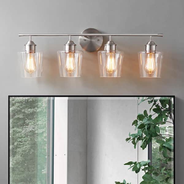 KAWOTI 30.25 in. 4-Light Brushed Nickel Vanity Light with Clear Glass Shade