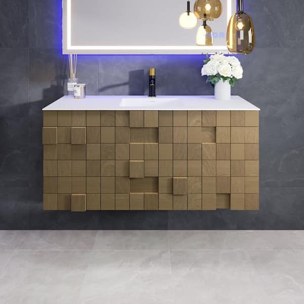 Mosaic 49 in. Single Sink Floating Natural Oak Bath Vanity with White Solid Surface Top (Assembled)