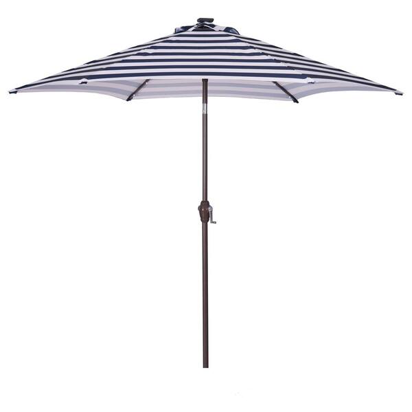 Kahomvis 8.7 ft. Steel Outdoor Market Push Button Tilt Patio Umbrella with 24 Solar LED Lights in Blue and White Striped