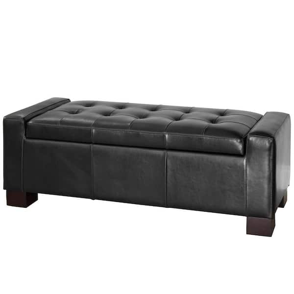 Noble House Guernsey Black Leather Storage Ottoman
